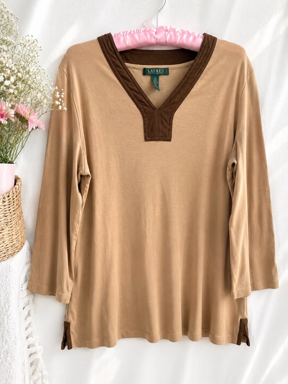 Lauren Ralph Lauren 1X 100% Cotton Tan Brown Trim V-Neck Top